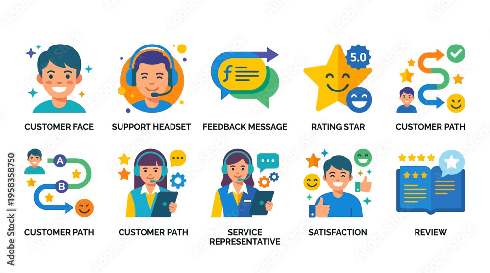 Fototapeta premium A vector illustration of a customer service representative assisting a client through a feedback process with ratings and reviews in a digital environment.