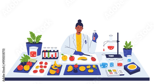Scientist examining fruits and vegetables in a laboratory setting.