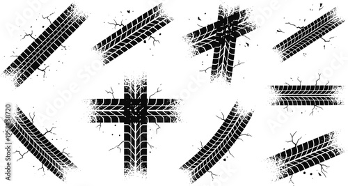 Black tire track vector set featuring grunge tire tread marks with dirt splashes and road cracks for automotive design elements.