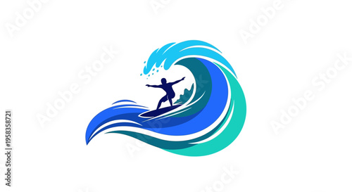 Surfer riding a large blue wave with white foam crest.