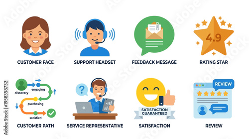 Customer support team provides vector solutions for satisfied clients through service hotline with headset and rating star feedback vector graphics.