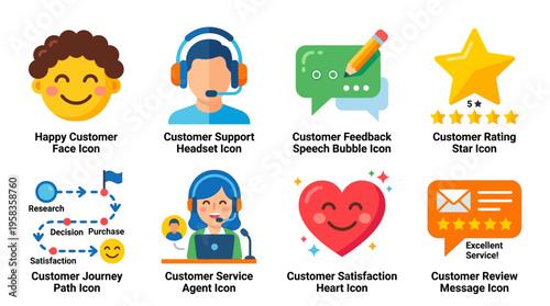 Customer service team providing support with vector icons for satisfaction and feedback in office setting.