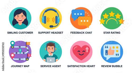 Customer service team providing support through vector illustrations of feedback and ratings.
