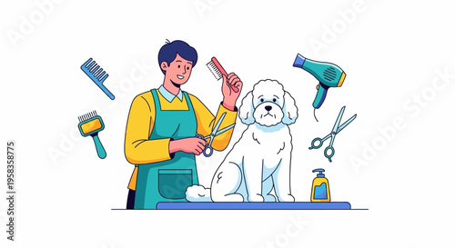 Professional dog groomer styling a white poodle with scissors and comb.