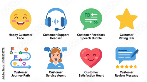 A vector illustration of a happy customer service agent providing support with a satisfied customer giving a high rating and feedback through a speech bubble in a modern office.