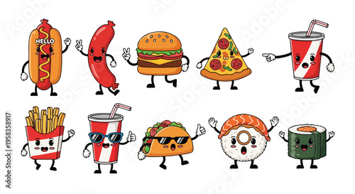 A group of cheerful cartoon fast food items with anthropomorphic features standing on a clean white background with a playful mood.