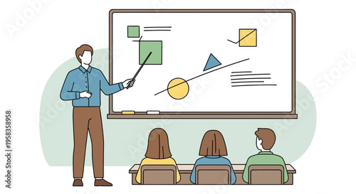 Teacher instructing students in a classroom with geometric shapes on the whiteboard.