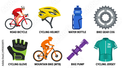Vector illustration of a cyclist wearing gear including helmet and gloves on a mountain bike with bike pump and water bottle in a scenic outdoor setting with various bike parts.