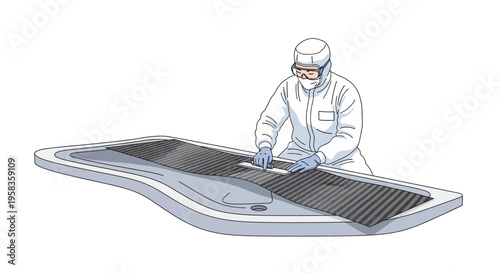 Scientist in cleanroom suit working on advanced solar panel technology.