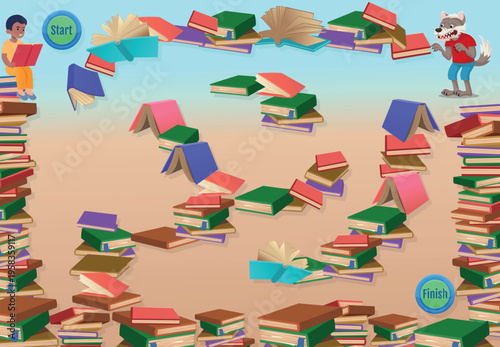 Fantasy maze made of books with fairy tale characters and creatures. Adventure concept, storytelling world, imagination and playful learning.