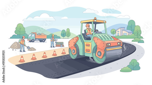 Road roller compacting asphalt on construction site.