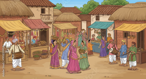 Baisakhi, Vibrant Indian village market scene with people, traditional stalls, and drummers under a blue sky