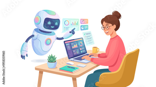 Robot assisting woman with technology and business tasks.