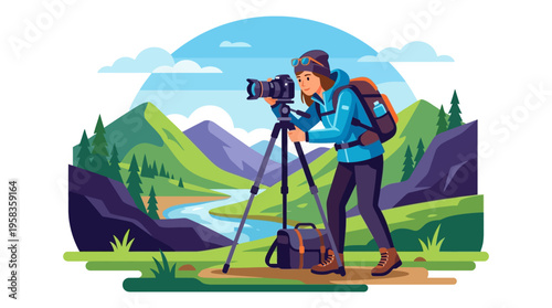Photographer Capturing Scenic Mountain Landscape with Professional Camera.