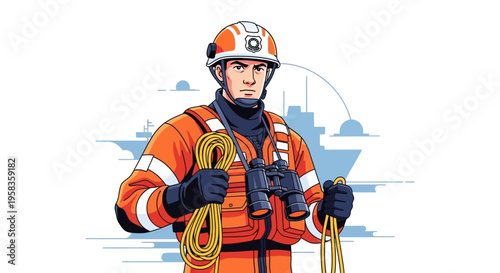 Rescuer in Orange Uniform with Rope and Binoculars.