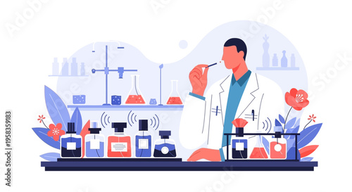 Scientist in Lab Coat Examining Perfume Bottles.