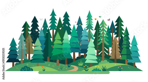 Stylized Forest Landscape with Diverse Evergreen Trees.