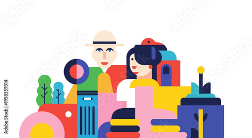Stylized illustration of diverse people enjoying leisure time together.