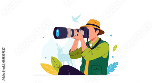 Photographer Capturing Wildlife with Professional Camera Gear.