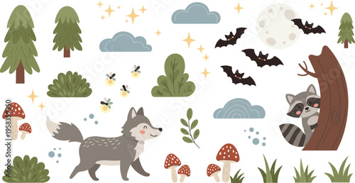 Cute Forest Animals and Nighttime Nature Scene with Wolf, Raccoon, Bats, Mushrooms, Trees, Clouds, and Moonlight ElementsCute Forest Animals and Nighttime Nature Scene with Wolf, Raccoon, Bats, Mushro