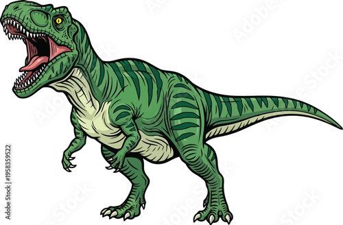 Roaring green t-rex dinosaur in aggressive pose vector illustration
