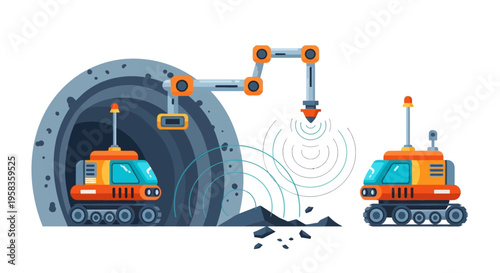 Robotic mining vehicles excavating minerals from underground tunnel.