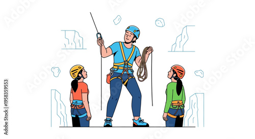 Rock Climbing Instructor Teaching Children Safety Techniques.
