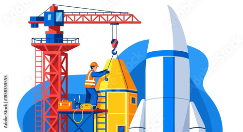 Rocket Construction Site with Crane and Worker.