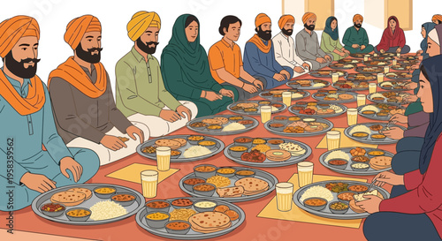 Baisakhi, Sikh community sharing traditional Langar meal, diverse group eating together on floor, vector illustration