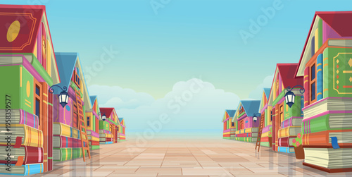 Colorful book houses forming fantasy library street under starry sky with empty center space for text. Online education and knowledge concept. Vector background illustration.