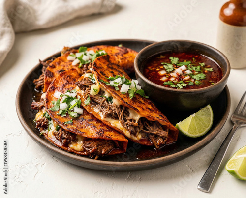 Birria Tacos Mexican Braised Beef Tacos with Crispy Red Tortilla Melted Cheese Onion Cilantro and Consomme Dipping Broth White Background