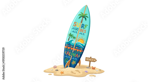 Surfboard Standing in Sand with Tropical Beach Scene.