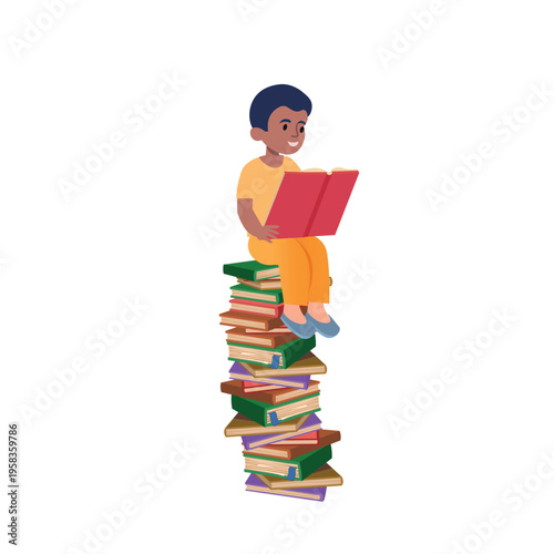 Little boy reading a book while sitting on a tall stack of books, isolated on a white background. Concept of education, imagination, childhood learning and love for reading.