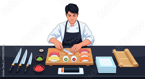Skilled chef meticulously preparing fresh sushi on a wooden board.