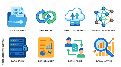Vector graphics illustrate data concepts with icons of digital file, arrows, cloud storage, network nodes, server, document, sharing, and analytics.