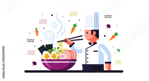 Skilled Chef Preparing Delicious Ramen Noodles with Fresh Ingredients.