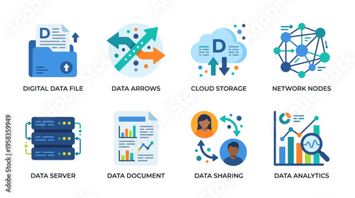 Vector graphics illustrate various digital concepts with data file, arrows, cloud storage, and network nodes on server for sharing and analytics.