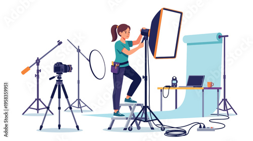 Professional photographer setting up studio lighting equipment for a shoot.