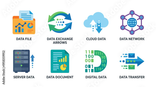 Vector graphic illustration of data exchange and transfer through cloud network with server and document icons.
