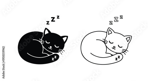 Two sleeping cartoon cats, one black and one white, with z's above their heads, in a simple line drawing style against a white background.