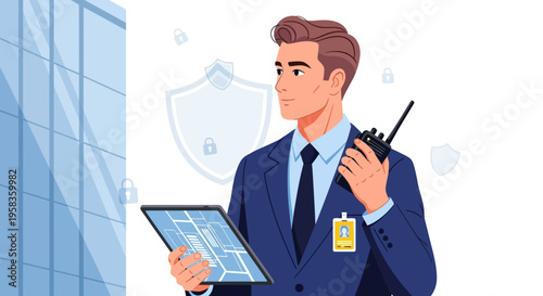 Professional Security Guard Holding Tablet and Radio.
