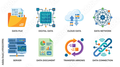 Vector graphics illustrate a server transferring data files through a cloud network with digital data connection arrows and documents in a data-driven environment.