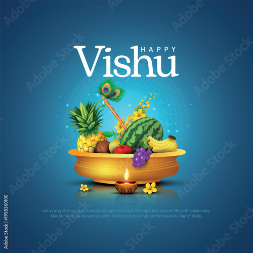 Happy vishu greetings. fruits decoration bowl. Kerala vishu festival vishukkani design. Creative vector illustration.