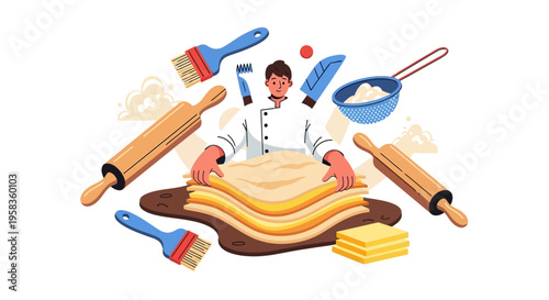 Skilled Chef Preparing Fresh Pasta Dough with Rolling Pins and Brushes.