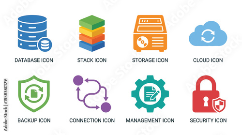 A vector illustration of database, storage, and cloud icons with security, management, and connection symbols in a technological setting.