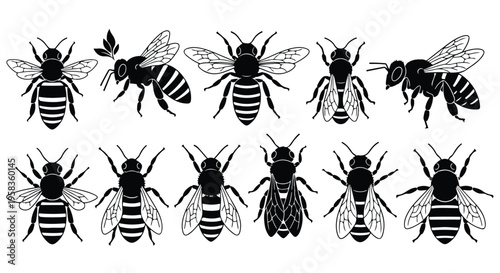 Set of black and white bee illustrations in various flying positions on a plain white background.