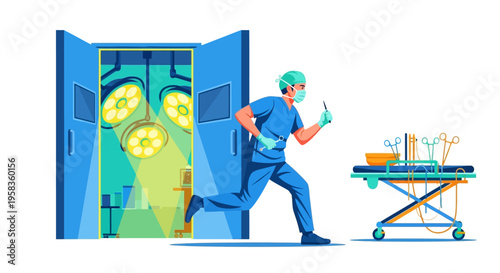 Surgeon in motion running out of operating room.