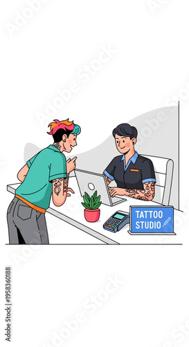 Tattoo artist consulting with client at desk.