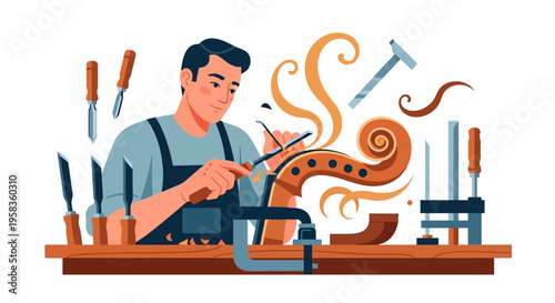 Skilled craftsman meticulously carving a musical instrument with precision tools.