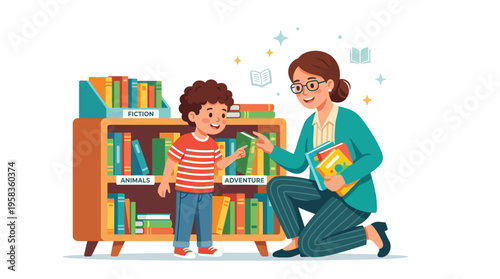 Teacher and student selecting books from library shelf.